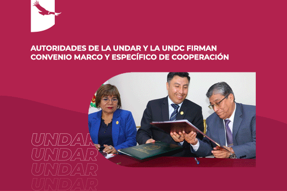 Banner de noticia: Autoridades de la UNDAR y la UNDC firman convenio marco y específico de cooperación.
