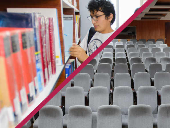 Banner con foto de estudiante en biblioteca y de auditorio